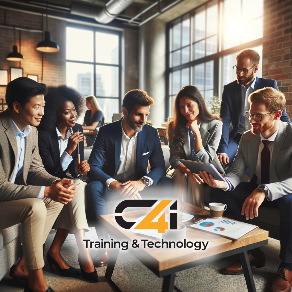 Multicultural team of professionals in business and casual attire engaging in discussion with a digital tablet in a bright, modern office, representing the diverse and inclusive workforce of the company.