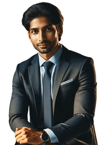 A professional man of East Indian descent sits confidently in front of a computer in a modern office setting, representing professional services.