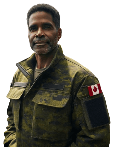 A middle-aged African American man dressed in Canadian army clothing stands confidently in a setting that suggests readiness and authority.