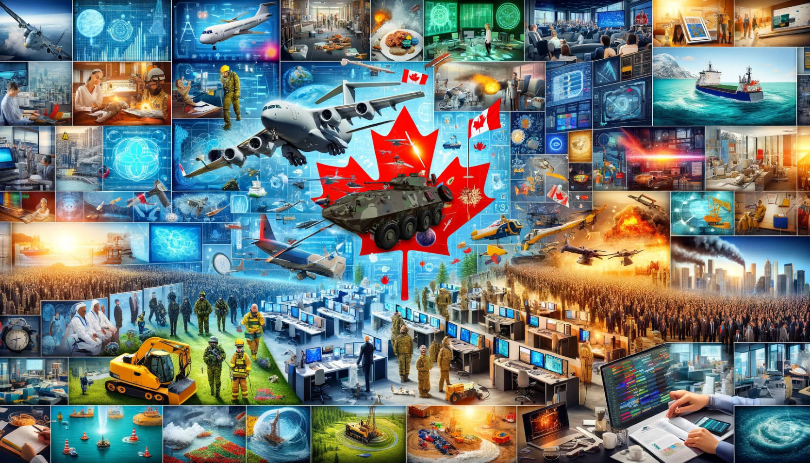 Collage of diverse industries served by a Canadian technology company, featuring scenes from aerospace and defense, safety and preparedness, higher education, gaming, community services, insurance, healthcare, government, oil and gas, construction, telecommunications, and mining, with a Canadian flag prominently displayed, symbolizing innovation, specialization, and diversity in each sector.
