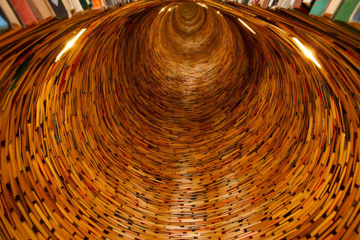 A swirling tower of books