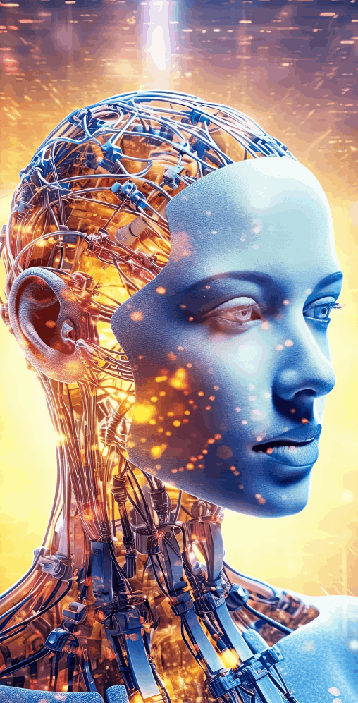 An AI woman with bursting light from the side of her face