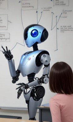 An AI robot teaching in a classroom