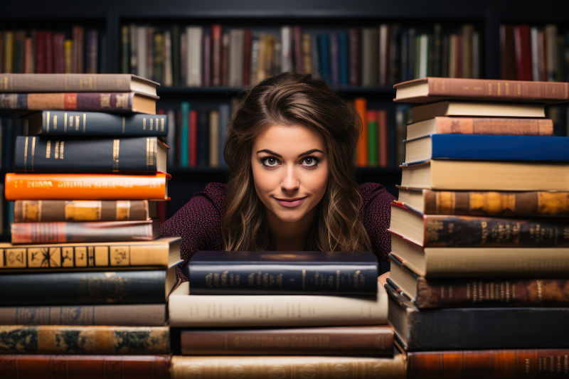 A woman peaking behind a shelf of books