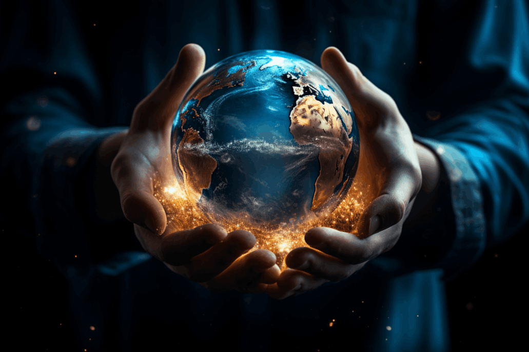 A man holding a glowing stylized planet earth