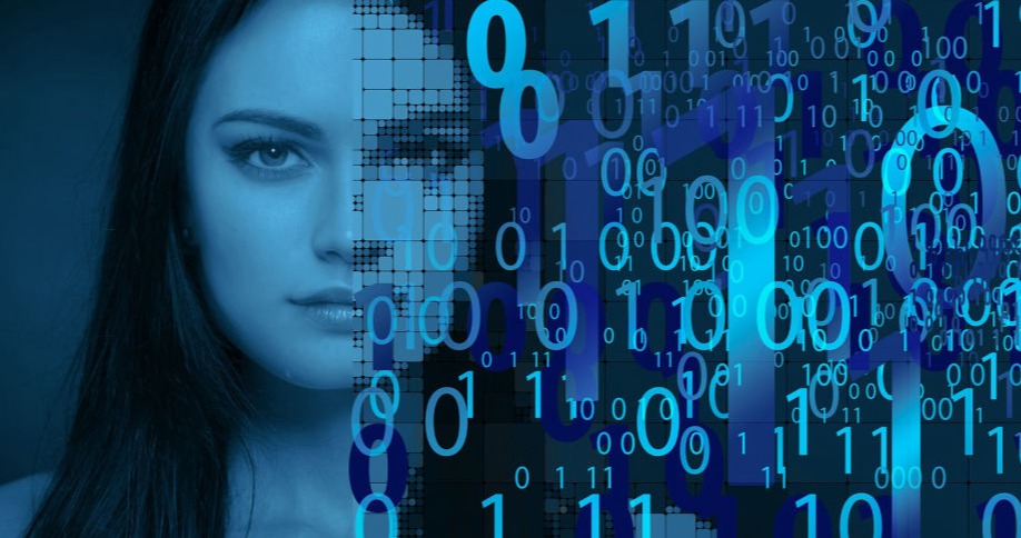 A stylistic woman with binary code around her