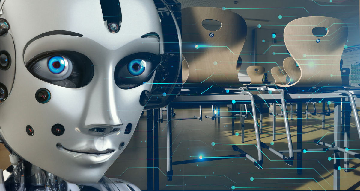 A close up of an AIR robot with classroom chairs behind her