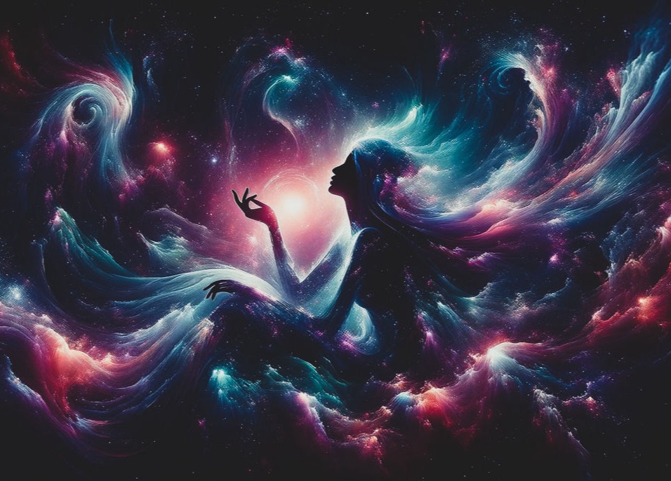 A dreamlike image of a woman surrounded by swirls of light