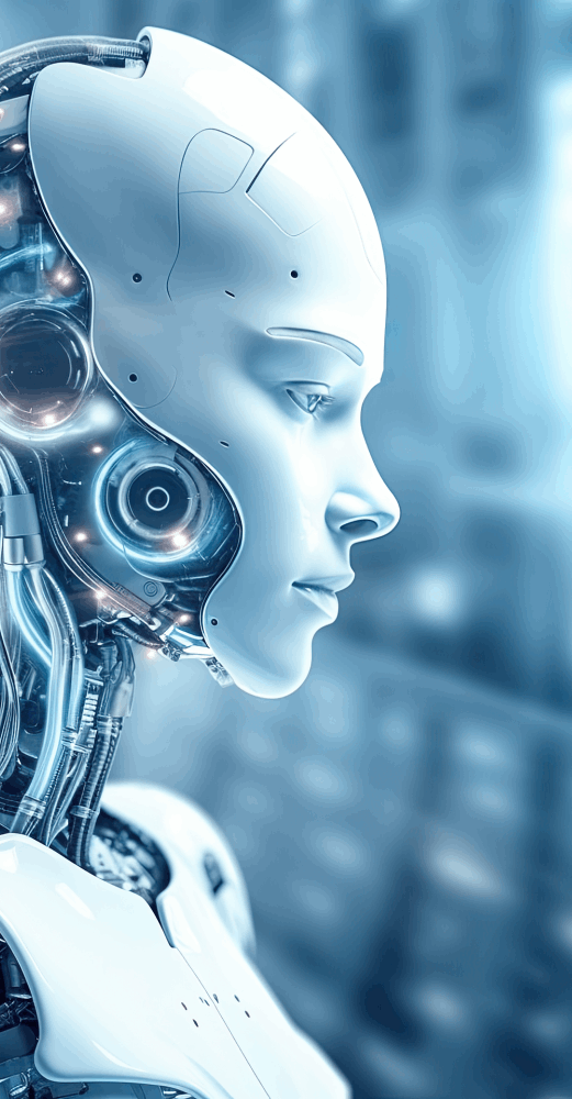 A pale and beautiful AI robot with gears behind her face