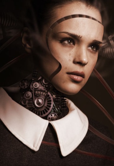 An artificial intelligent woman with gears and technology around her