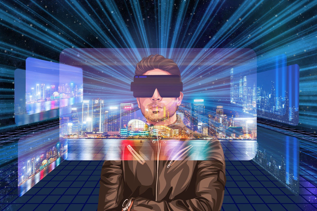 A man with hologlasses staring at virtual screens
