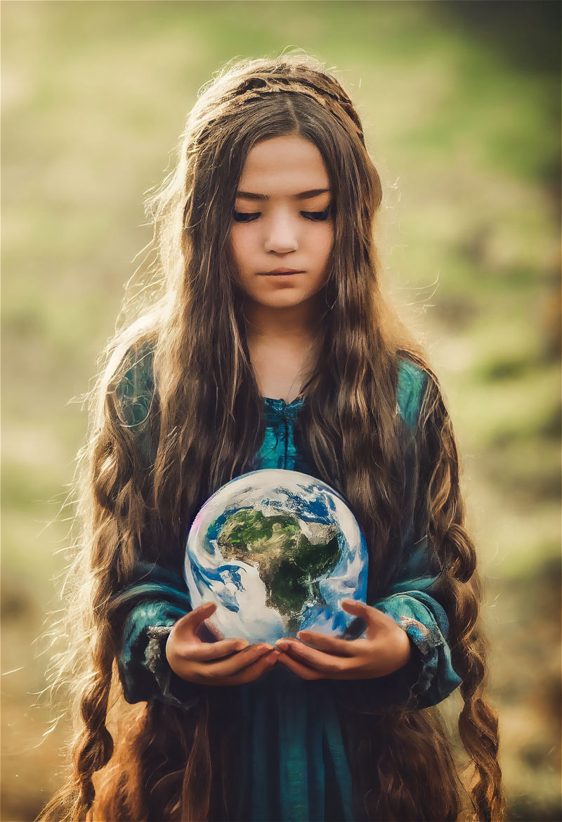 A young girl with long hair holding the earth in her hands