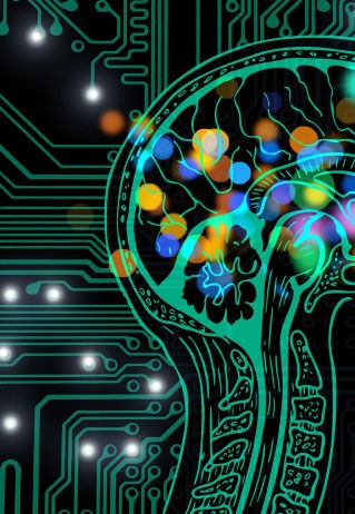A circuit board of a human with colour thoughts inside the head