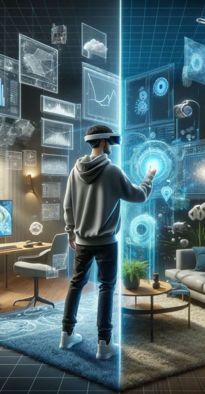 A person using advanced MR headgear, interacting in an environment where the real and virtual worlds blend seamlessly. The scene depicts the unique capabilities of MR, differentiating it from VR and AR.