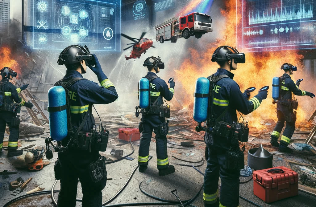 emergency responders engaged in a mixed reality and virtual reality training session. They are equipped with MR headsets, surrounded by digital displays and realistic simulated emergency elements, such as fire and rescue equipment. The virtual interfaces and immersive technology create a high-tech training environment.