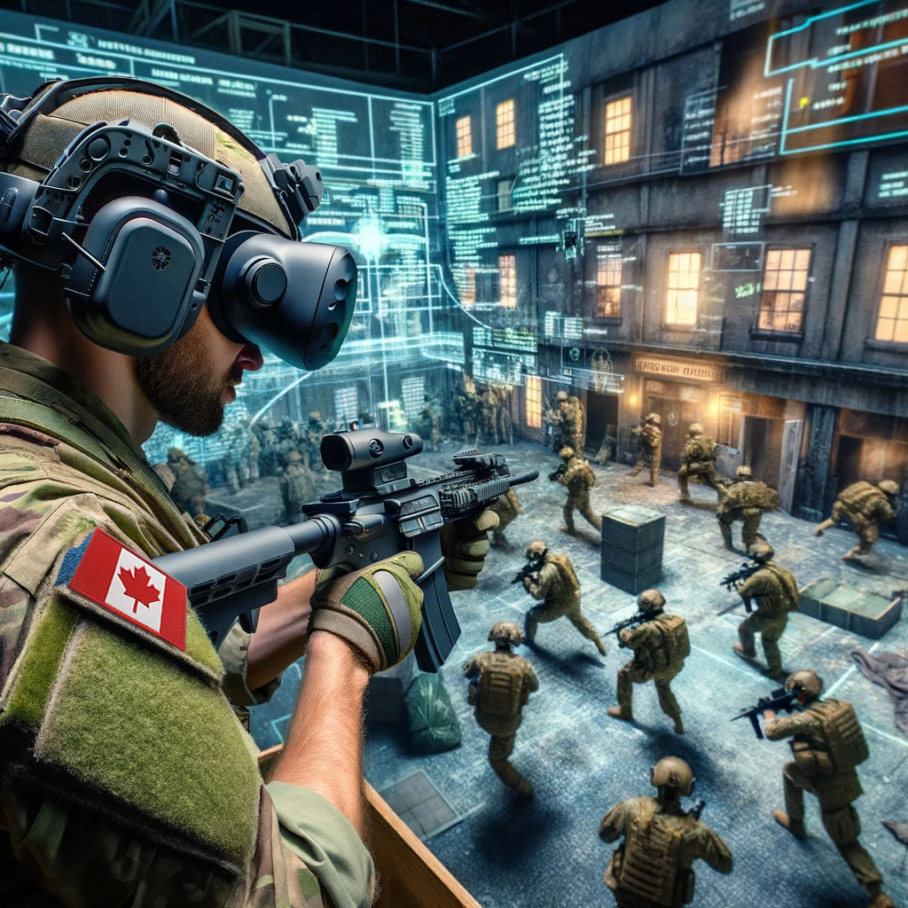 Image depicting soldiers in military training using Mixed Reality (MR) technology. The scene shows soldiers wearing MR headsets, engaged in a realistic urban warfare simulation. The environment is a blend of physical and high-quality virtual elements, including virtual projections of buildings, adversaries, and obstacles in an urban setting. Soldiers are shown navigating this complex environment, making strategic decisions in response to the simulated challenges, highlighting the immersive and realistic nature of MR technology in military training.