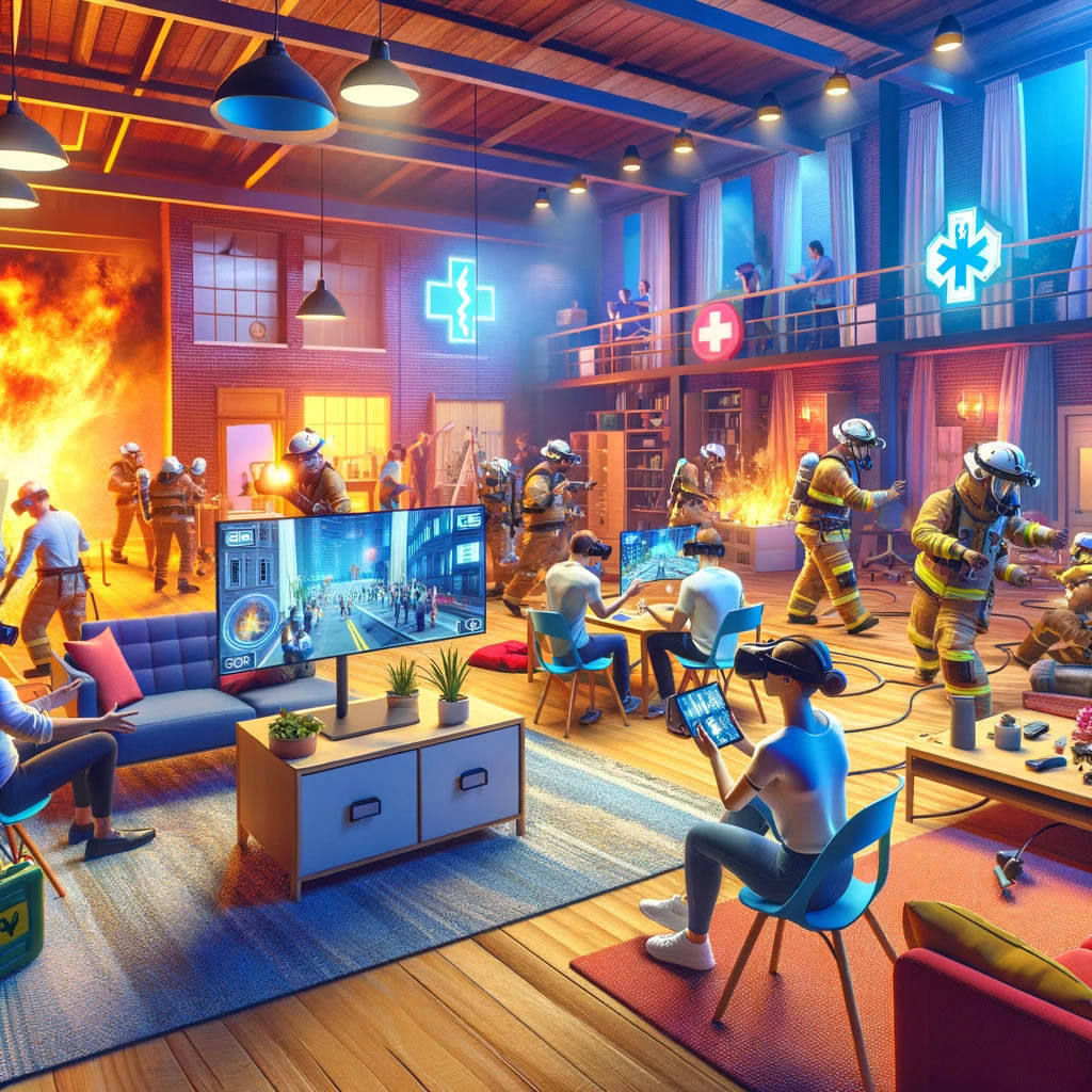 Dynamic image of a Mixed Reality (MR) preparedness training session in a lively and well-lit room. Human participants, wearing MR headsets, are actively engaged in emergency preparedness exercises such as evacuation procedures and first-aid training. The room combines comfort with functionality, featuring cozy furniture, indoor plants, and warm lighting, creating an energetic yet friendly atmosphere. Virtual emergency scenarios are seamlessly integrated into the physical space, offering immersive and practical training experiences. The image conveys a balance of focus and collaboration, emphasizing MR's effectiveness in enhancing emergency preparedness skills in an inviting environment.