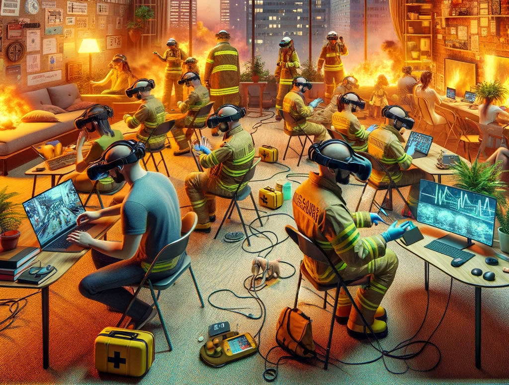 Conclusive image showcasing a Mixed Reality (MR) preparedness training session in a vibrant and well-lit room. The room is filled with human participants wearing MR headsets, deeply engaged in emergency preparedness activities like evacuation drills and first-aid scenarios. The interior combines practicality with a warm ambiance, featuring comfortable furnishings, indoor greenery, and soft lighting, creating a harmonious and energetic setting. Virtual emergency simulations are intricately blended with the physical environment, offering a realistic and hands-on training experience. This image encapsulates the balance of focused learning and teamwork, underlining the effectiveness of MR in fostering emergency preparedness skills in a friendly and engaging setting.