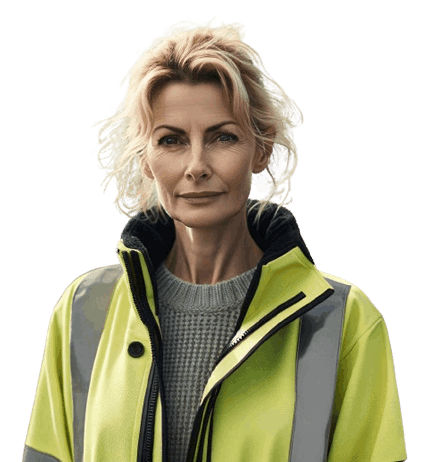 A middle-aged white woman with blonde or red hair wearing a Class 2 High-Visibility (Hi-Vis) Soft Shell Jacket stands with confidence in an emergency environment