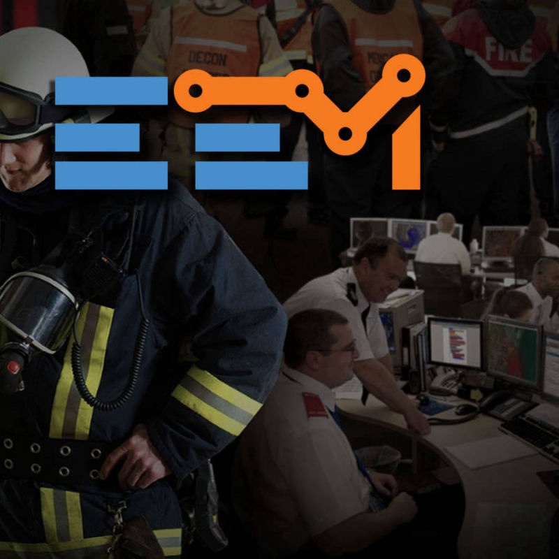Firefighter in gear with biohazard and radiation symbols, with 'EEM' logo, associated with emergency and crisis management software.
