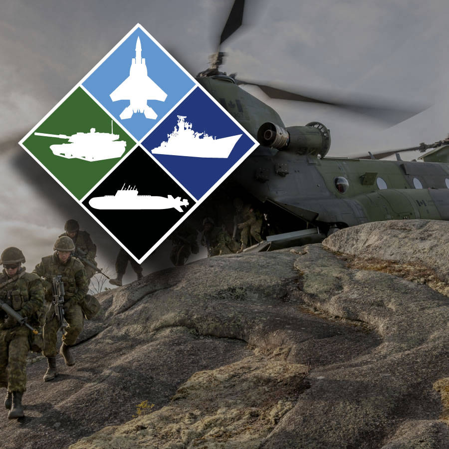 Military vehicles and personnel in action with a composite logo of air, land, and sea military symbols, representing an operations simulation tool.