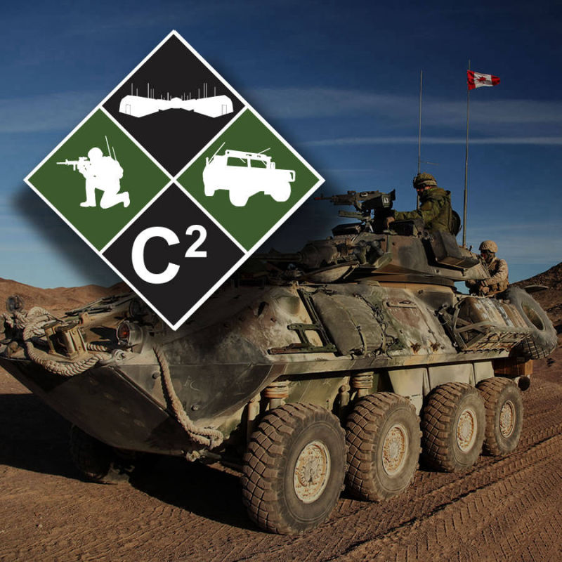 Military armored vehicle with the 'MIL-C2' logo, signifying a command and control support tool.