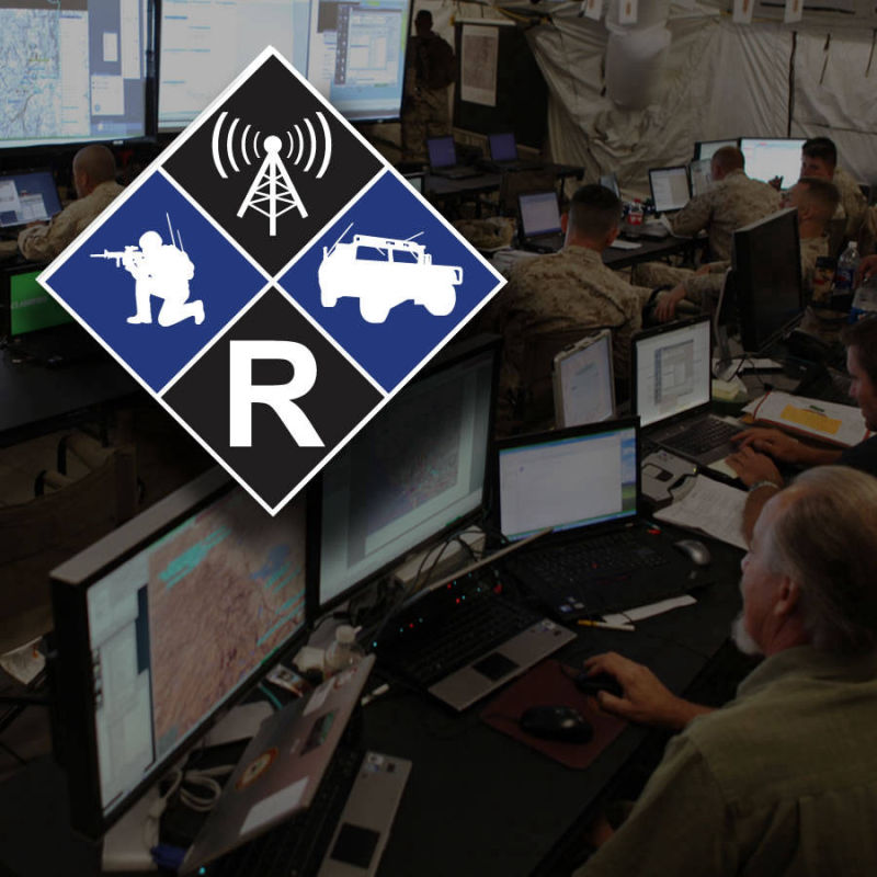 Operational center with military staff using computers and 'RADIUS' logo, representing a communication planning tool.