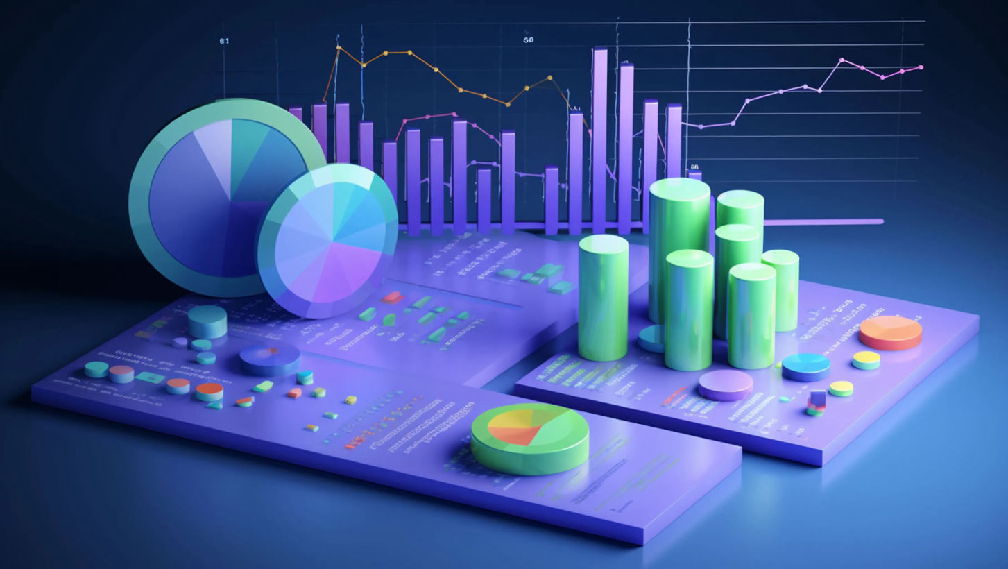 3D digital artwork of an assorted array of colorful charts and graphs on a dark background, symbolizing data analysis and business metrics. The scene includes pie charts, bar graphs, and line graphs in shades of blue, green, and orange, projected on flat and cylindrical shapes on a purple platform, representing a modern and stylized interpretation of statistical data visualization.