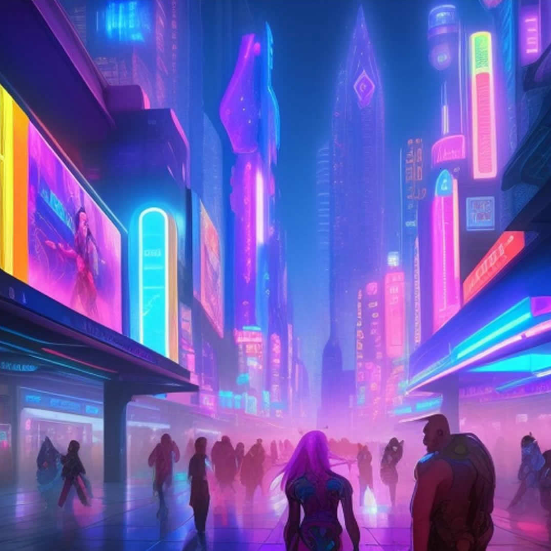 Vibrant cyberpunk cityscape with neon-lit high-rise buildings, bustling with silhouetted pedestrians and futuristic characters under a twilight sky.
