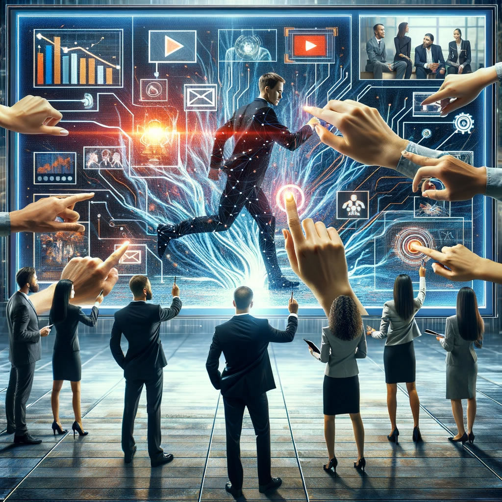 A group of professionals or learners engaging with a large interactive video display, actively making selections and interacting with the content in a dynamic, technologically advanced environment.