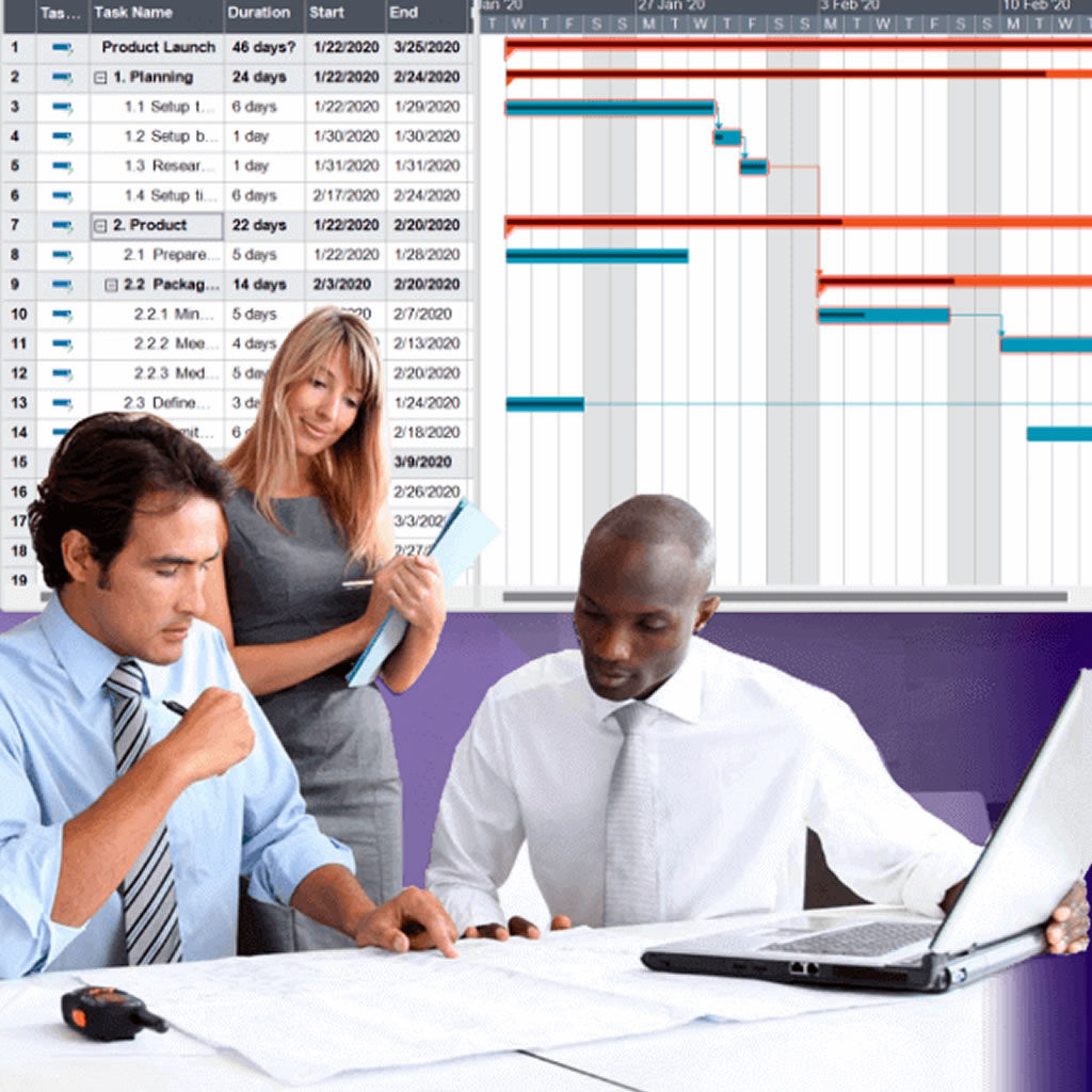 Three professionals engaged in project management, with a man and woman reviewing a Gantt chart on a computer screen, while another man takes notes, symbolizing teamwork in strategic planning and execution.