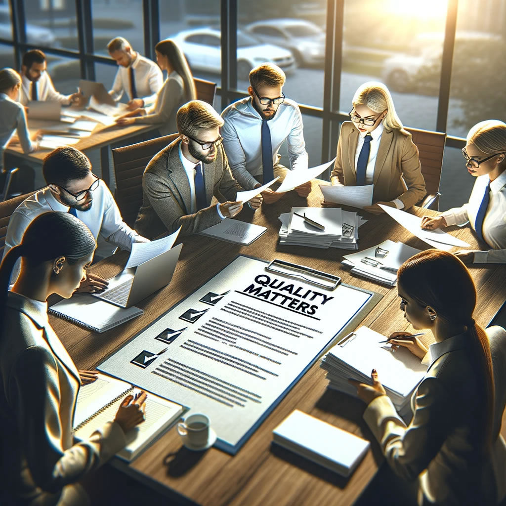 A group of course designers and quality assurance specialists engaged in a thorough review process.