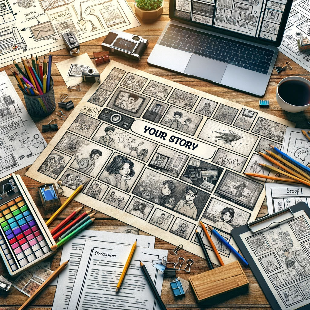 A creative workspace filled with the tools of the trade, both traditional and digital, highlighting the process of bringing educational narratives to life.