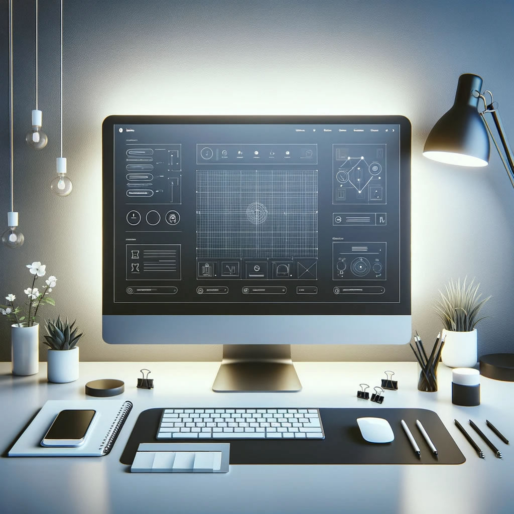 The scene features a sleek, modern workspace with a designer's desk, highlighting a clean and elegant user interface on a computer screen. The image incorporates minimal yet essential design elements, embracing the principles of simplicity and functionality