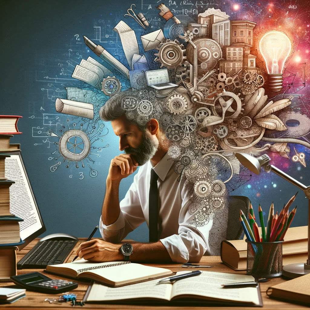 A contemplative writer at a desk surrounded by instruments of the craft, blending elements of both creativity and technical precision